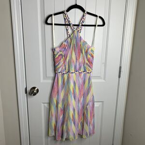 Shoshanna pastel Rainbow Braided Halter‎ Dress Geometric Summer Party Size 2